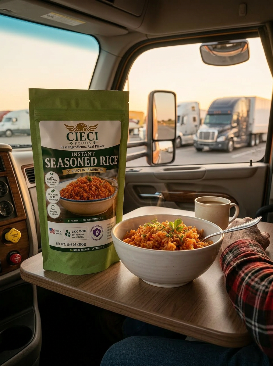 CIECI Foods founder story — road-ready seasoned rice in a truck cab