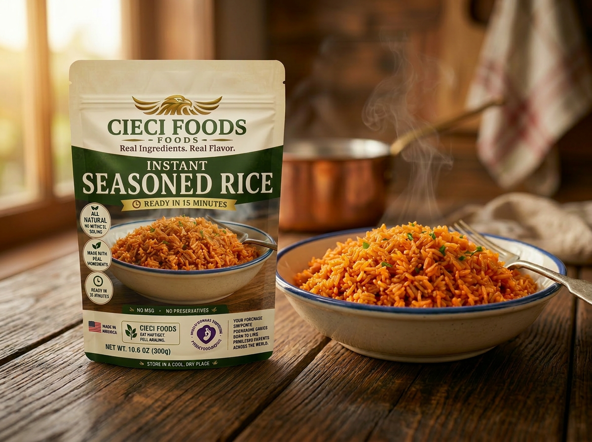 Bowl of tomato seasoned rice beside the CIECI Foods pouch